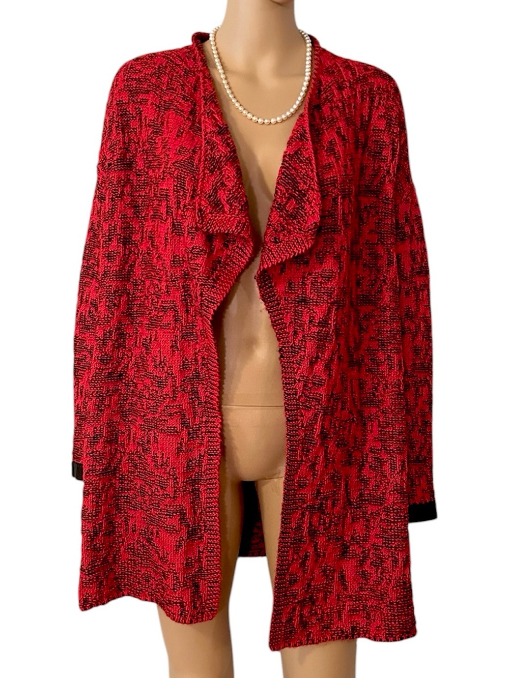 Ming Wang Women’s Size Medium Red and Black Knit Cotton Acrylic Wool Cardigan